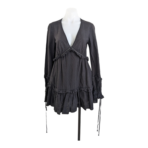 Johnathan Simkhai Sz Small Broderie Eyelet Ruffled Mini Dress Black Long Sleeves - Picture 1 of 14